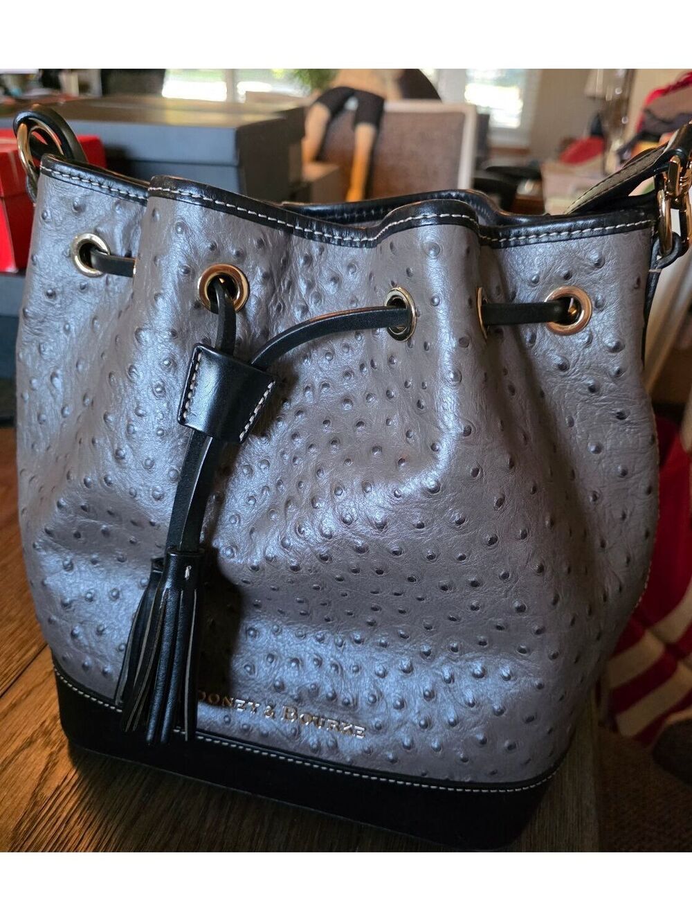 Dooney & Bourke Gray and Black Drawstring Bucket Bag